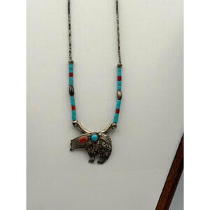Native American Navajo 17" Sterling Silver Bear Turquoise Coral Necklace